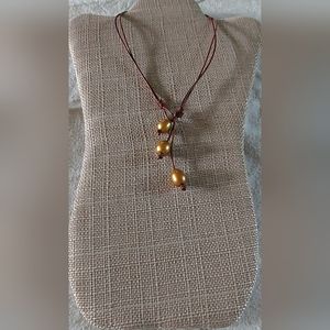 Handmade Gold Pearl & Brown Leather 2-Way Necklace